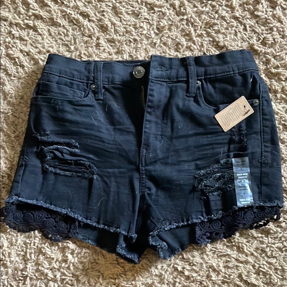 Black Lace Trim Denim Shorts